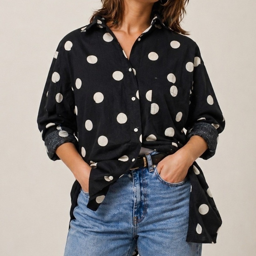 Vintage Palm Club Polka Dot Longline Shirt Black White Cotton USA M Button Down
